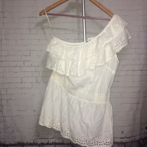 NWT White Cotton Ruffle Lace One Shoulder Blouse - Picture 5 of 6